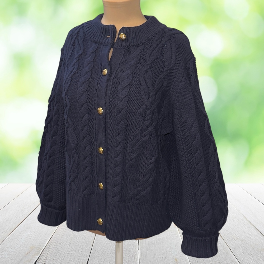 New TUCKERNUCK Colette Cable Knit Cardigan Preppy Crest Buttons Navy Size XL